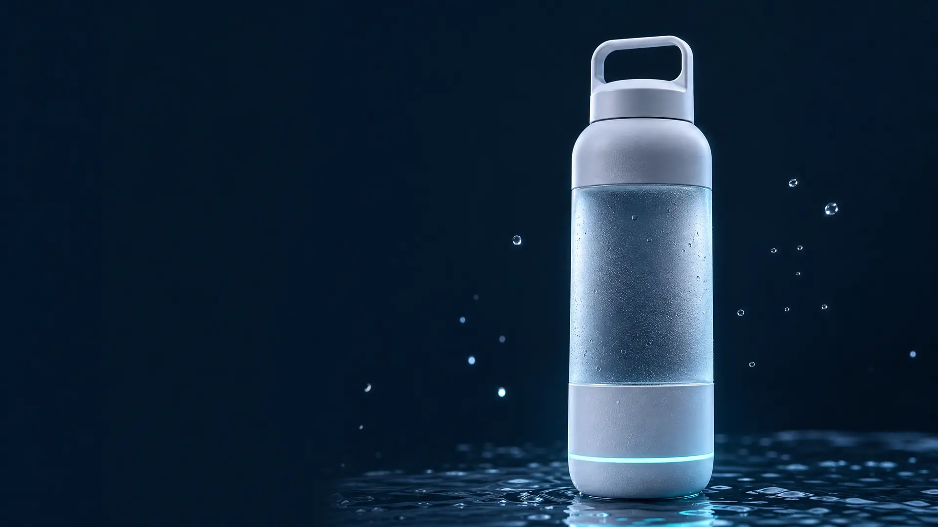 Hydra smart water bottle with a glowing aqua LED ring on a dark navy surface