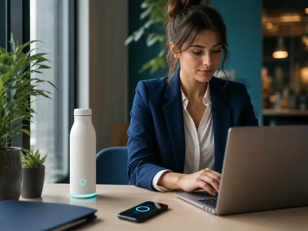 Hydra bottle beside a laptop and phone on a bright desk